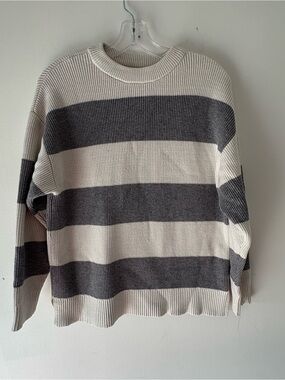 Zara Soft Textured Oversized Grey Cream Striped Knit Sweater